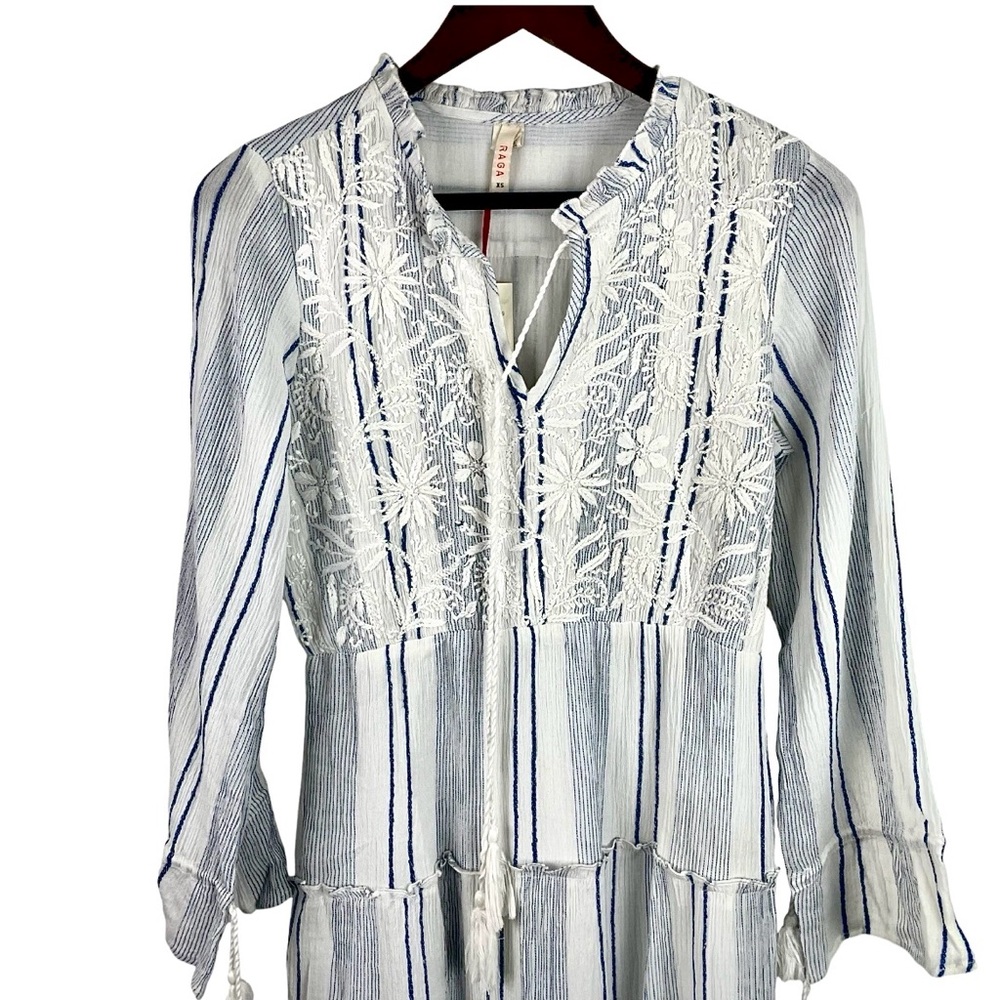 NWT RAGA Fleri White and Blue Striped Floral Embroidered Tie  Long Sleeve Dress - Picture 9 of 13